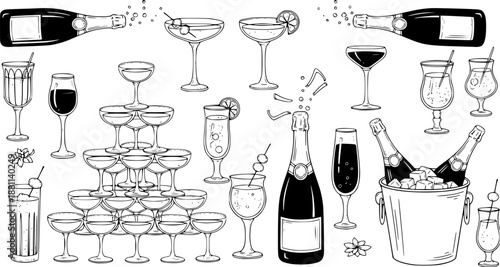Whimsical champagne party set. Vintage hand drawn cocktail glasses, bottles, pyramid tower, bucket and celebratory drinks for wedding, holiday or festive menu design.