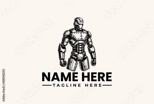 A robotic illustration of a muscular humanoid with a futuristic design, standing against a clean white background, showcasing a logo template with placeholder text.