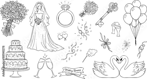 Whimsical wedding romance collection. Vintage hand drawn bouquet, bride, ring, key, cake, balloons, champagne, swan couple and party sketch icons.
