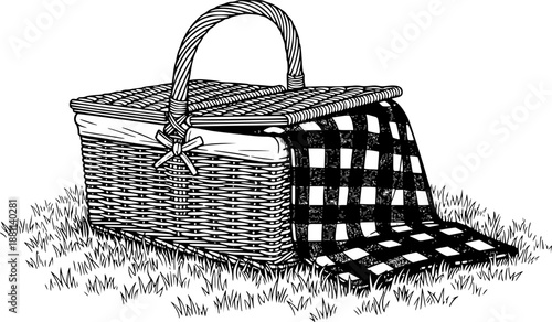 Picnic basket and blanket on grass outdoor leisure vector illustration black and white

