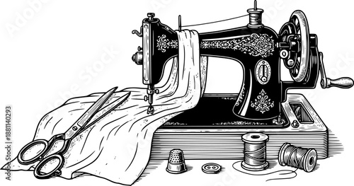 Vintage sewing machine with fabric and scissors craft hobby vector illustration black and white

