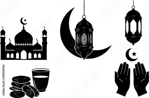 Arabic islamic celebration icon set vector illustration silhouette style icon

