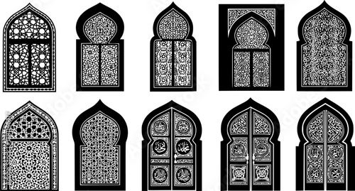 Arabic arch windows and doors in traditional islamic style vector silhouettes
