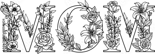 Floral MOM lettering typography design with flowers inside letters vector illustration black and white
