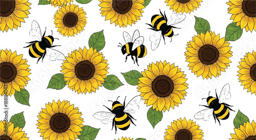 Seamless Sunflower and Honey Bee Pattern on White with Green Leaves