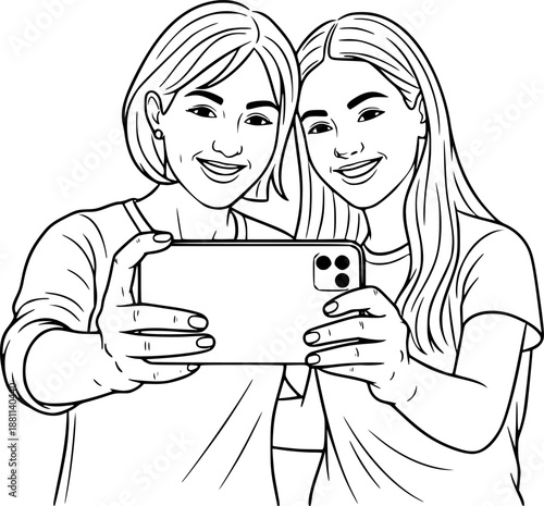 Mother and teenage daughter taking selfie with smartphone vector illustration black and white
