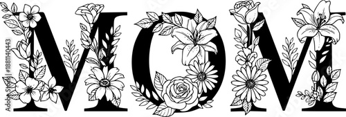 Floral MOM lettering typography design with flowers inside letters vector illustration black and white

