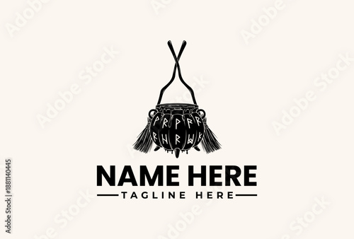 Black and white vector illustration of a tassel logo with placeholder text on a clean background, featuring a decorative design element.