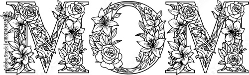 Floral MOM lettering typography design with flowers inside letters vector illustration black and white
