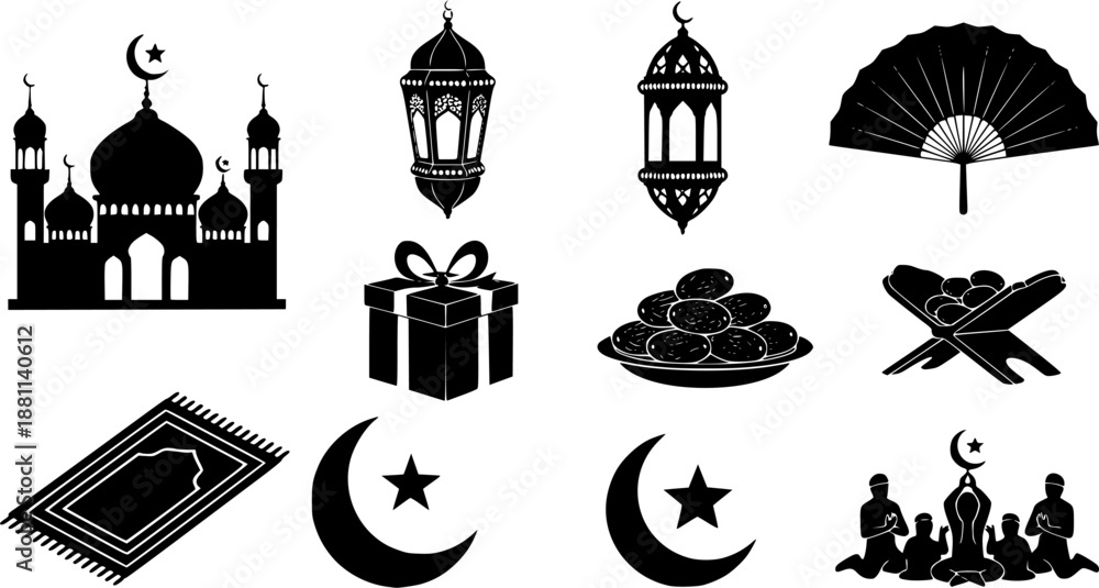 Naklejka premium ramadan arabic islamic celebration icon set silhouette style icon 