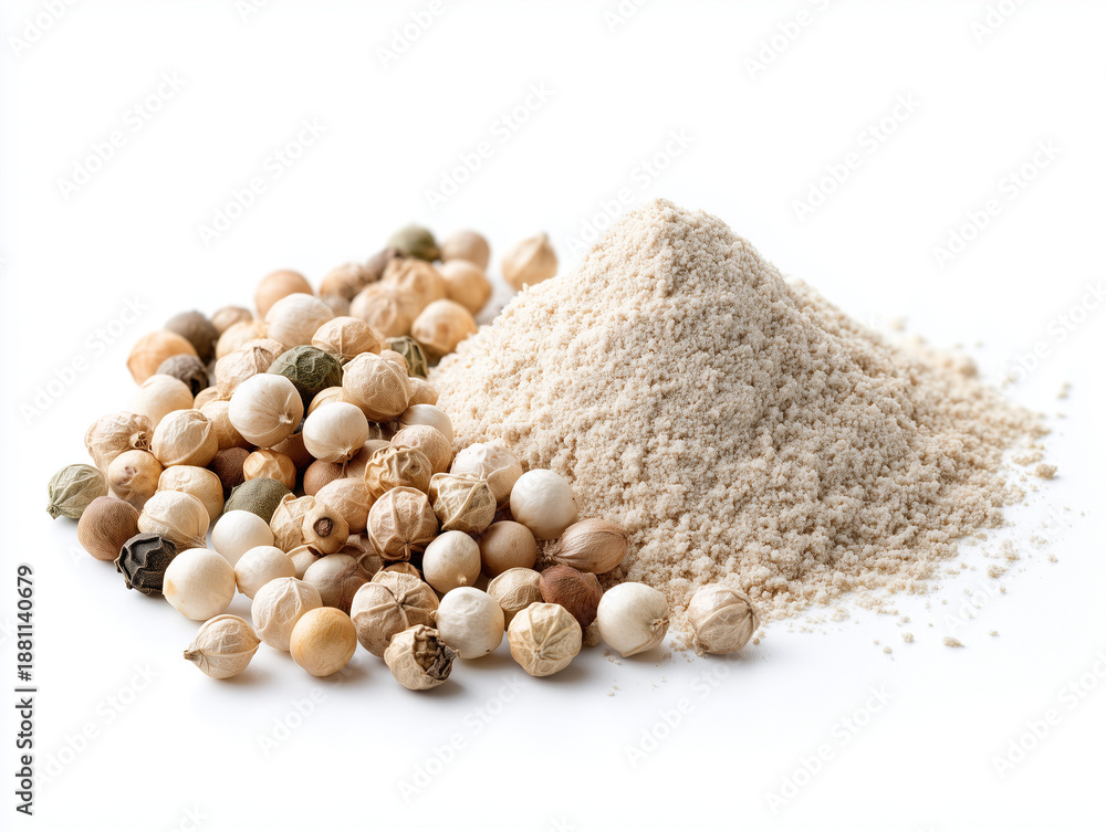 Fototapeta AI-generated image - A close-up view of whole white peppercorns and a pile of freshly ground white pepper powder, set against a clean white background. 