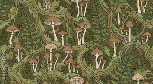 Detailed Forest Moss Pattern with Earthy Mushrooms and Ferns Illustration