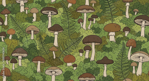 Vertical Seamless Mushroom and Fern Forest Pattern for Interior Decor