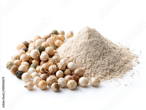 AI-generated image - A close-up view of whole white peppercorns and a pile of freshly ground white pepper powder, set against a clean white background. 
