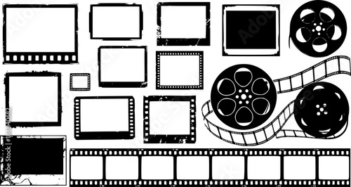 Vintage filmstrip collage kit. Grunge frames with duct tape, photo borders and movie reel elements.
