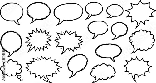 Hand drawn crayon speech balloons. Comic text bubbles with sketchy chalk outline. Vector doodle style dialog frames .
