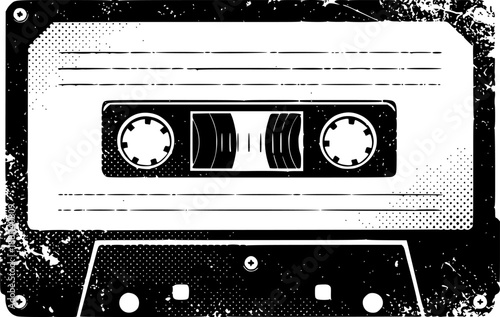 90s music tape design. Halftone cassette with vintage grunge and dotted texture.
