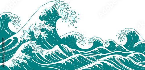 Asian japanese or chinese sea waves, vector oriental art. Vintage asian waves with ocean and sea water flow texture. Blue line splashes and tsunami surf with water swirls and ripples pattern