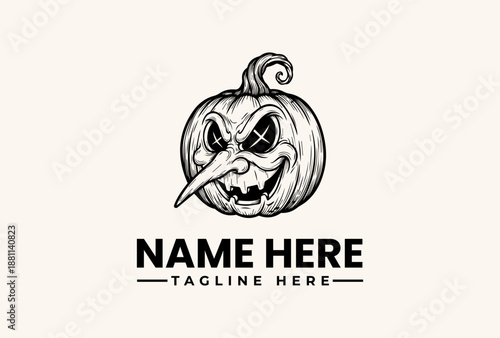 Black and white illustration of a jack-o-lantern with a menacing face and placeholder text for a logo or brand name on a plain background.