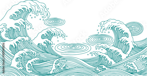 Asian japanese or chinese sea waves, vector oriental art. Vintage asian waves with ocean and sea water flow texture. Blue line splashes and tsunami surf with water swirls and ripples pattern