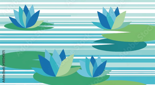 Abstract Geometric Water Lily and Lotus Pond Illustration with Horizontal Lines