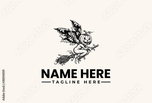 Black and white logo illustration featuring a bird perched on a branch with leaves and flowers, accompanied by placeholder text on a beige background.