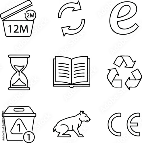 This comprehensive set of clean vector outline icons is designed for product packaging, consumer information, and regulatory compliance