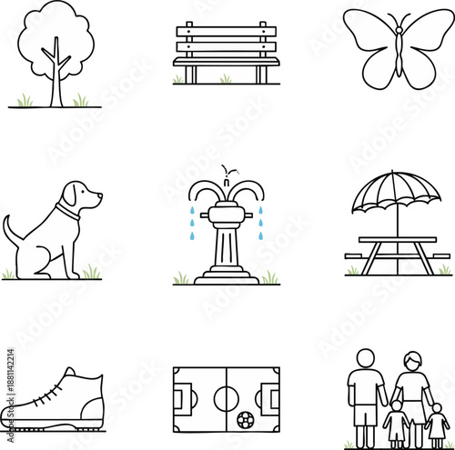 Collection of line art park elements