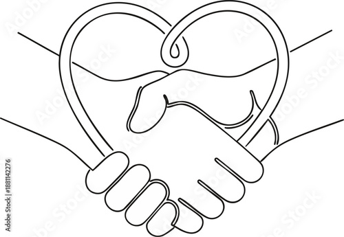 Continuous line drawing of a heart-shaped handshake. Illustrates trust, agreement, deal, partnership, support, charity, and cooperation
