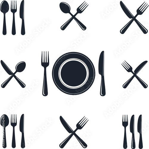 A collection of dark silhouette icons depicting cutlery, including forks, spoons, and knives, arranged in various configurations and with a plate