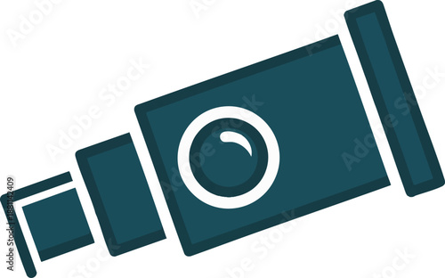 A minimalist vector illustration of a dark blue stylized telescope or spyglass. This graphic symbolizes exploration, discovery, and foresight