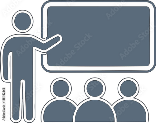Iconic representation of a teacher or presenter conducting a classroom lecture or business presentation in front of an audience