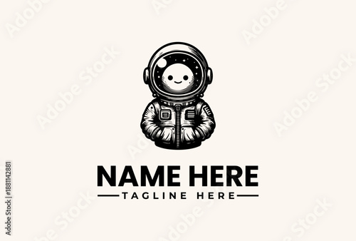 Vector illustration of a cartoon astronaut in a spacesuit with a smiling face, accompanied by a logo and tagline on a clean white background.