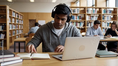 Focused young man studying intently laptop busy university library se