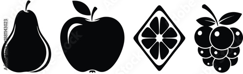 Set of four black fruit icons: a pear, apple, geometric citrus slice, and berries, isolated on white