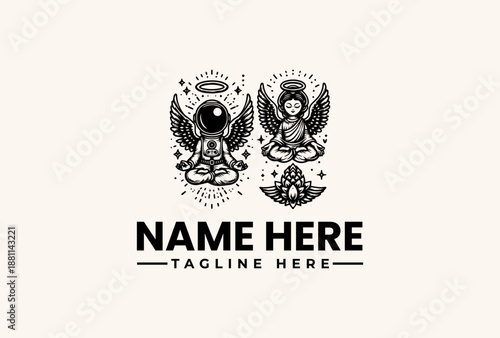 A logo design featuring two meditating winged figures with a flower and geometric patterns on a beige background with space for a name and tagline.