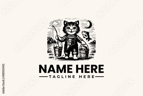 Black and white illustration of a cat in a witch costume holding a broom with a crescent moon in the background, surrounded by placeholder text for a logo or icon.