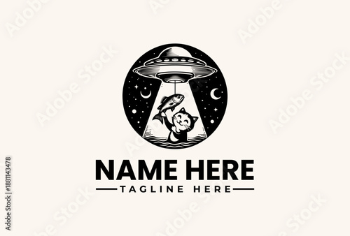 Black and white illustration of a UFO logo with a cartoon character inside, surrounded by stars and moons on a dark background, with placeholder text for a name and tagline.
