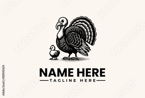 Black and white illustration of a large turkey standing next to a small chick with placeholder text for a logo or brand name on a plain background.