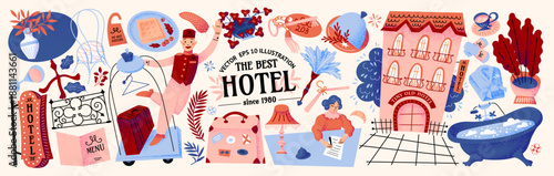 Boutique hotel and service facilities. Cozy vector illustration of concierge, luggage, reception desk, room service, interior decor , building facade, bath, and hospitality objects for travel, tourism