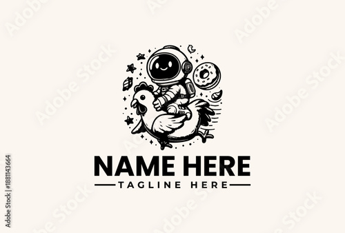 Black and white illustration of a cartoon astronaut surrounded by celestial objects with a placeholder name and tagline on a clean white background.