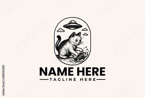 Black and white illustration of a cat sitting under a UFO with clouds, surrounded by a rounded rectangle frame and text space for a logo or icon with a clean background.