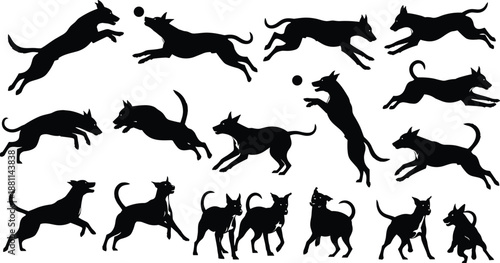 Collection of twelve hiker silhouettes with backpacks and trekking poles in dynamic outdoor poses illustrating adventure, hiking, climbing, and exploration concepts