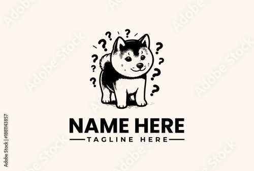 A black and white illustration of a curious dog surrounded by question marks with a placeholder text for a name and tagline in a simple design.