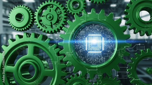 Industrial Automation Concept with Microchip Processor Inside Green Metal Gears
