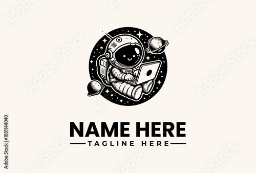 Black and white illustration of an astronaut in a space helmet with planets and stars, surrounded by a circular border with a placeholder name and tagline on a beige background.