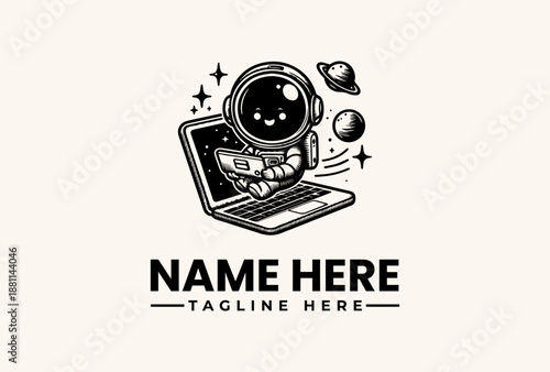 Black and white illustration of an astronaut sitting on a laptop with planets and stars, surrounded by a logo and tagline on a clean background.