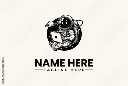 Black and white illustration of an astronaut in a spacesuit holding a laptop, sitting inside a circular logo with a tagline on a plain beige background.