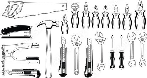 Collection of assorted hand tools including saw, pliers, hammer, wrenches, screwdrivers, and staplers arranged neatly for construction and DIY concepts