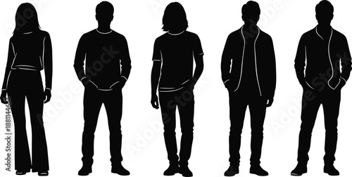 Collection of five human silhouettes standing side by side in diverse clothing styles representing fashion, identity, design, and illustration concepts